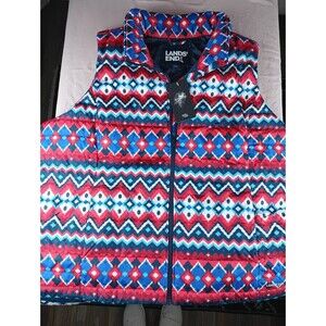NWT Lands End Women's Down Puffer Vest Red Blue Aztec Diamond Print 3XL Full Zip